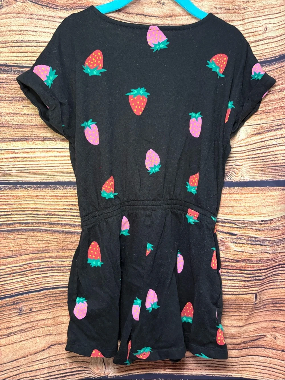 Old Navy Black Romper with Pink & Red Strawberry Print
